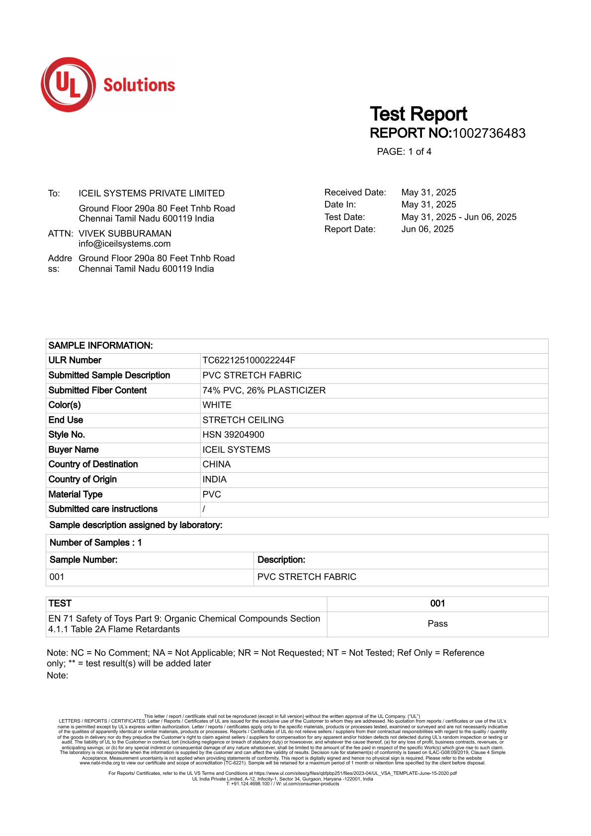 Iceil Fabric - UL Certficate